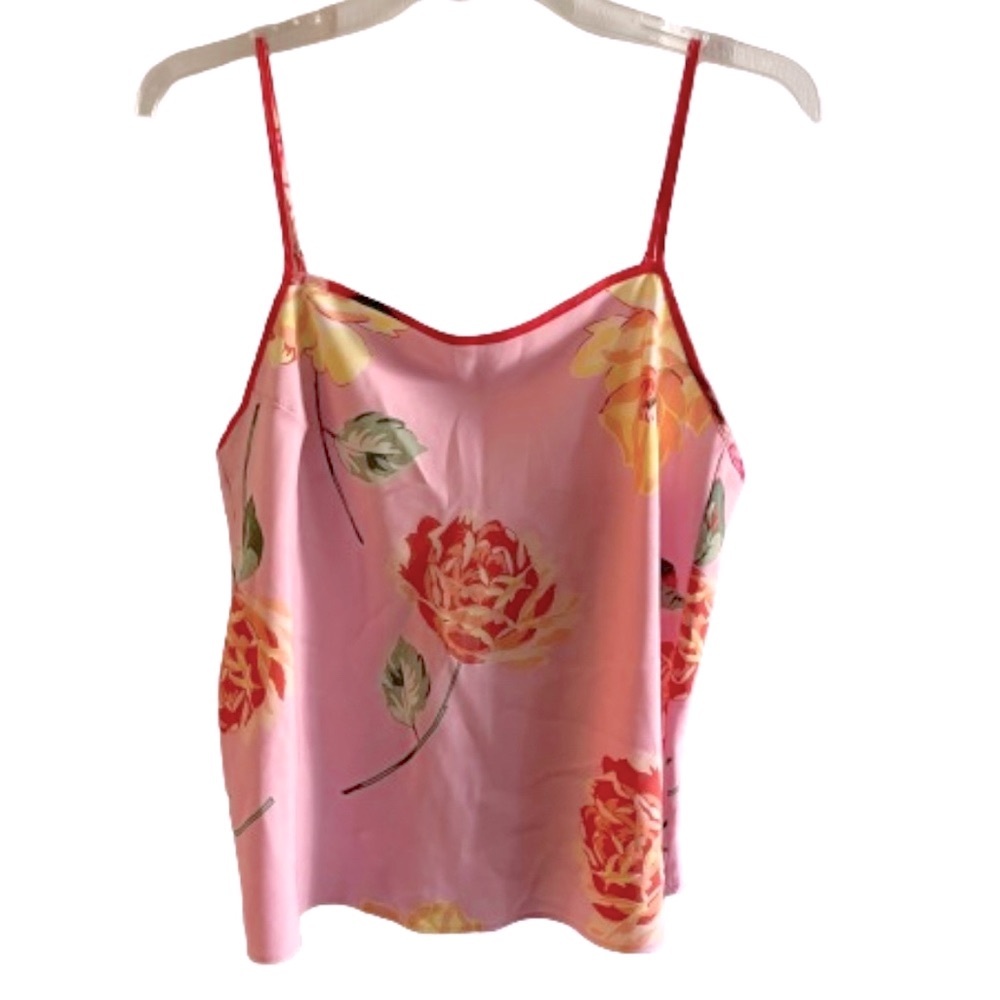 Pink floral pattern spaghetti strap sleep cami pajama top L Keyhole back